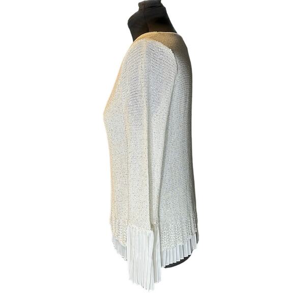 Sioni White Mixed Media Sparkle Chiffon Underlay Pleated Hem Sweater Size L - Picture 2 of 8